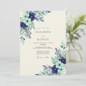 Navy Mint Serene Botanical Wedding Einladung (Stehend Vorderseite)