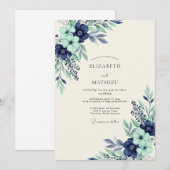 Navy Mint Serene Botanical Wedding Einladung (Vorne/Hinten)