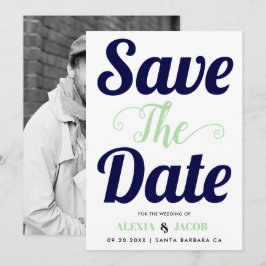 Navy, Minztypografie und Foto auf der Rückseite Save The Date