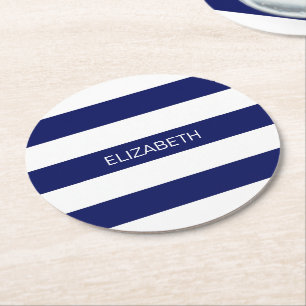 Navy mit horizontalem Preppy Strip #2 Name Monogra Runder Pappuntersetzer