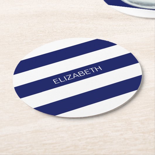 Navy mit horizontalem Preppy Strip #2 Name Monogra Runder Pappuntersetzer (Angewinkelt)