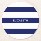 Navy mit horizontalem Preppy Strip #2 Name Monogra Runder Pappuntersetzer (Vorderseite)