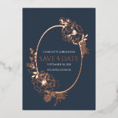 Navy Modern Floral Sketch Oval Save the Date Folieneinladung (Vorderseite)