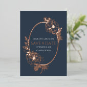 Navy Modern Floral Sketch Oval Save the Date Folieneinladung (Stehend vorne)