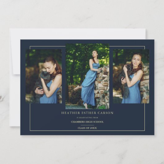 Navy Modern Gold 3 Fotos Ausgeklügelter Abschluss Einladung (Vorderseite)