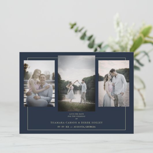 Navy Modern Gold 3 Photos Sophisticated Wedding (Stehend Vorderseite)