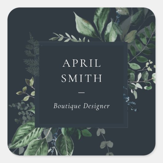 Navy Modern Green Leafy Tropical Foliage Fern Quadratischer Aufkleber (Vorderseite)