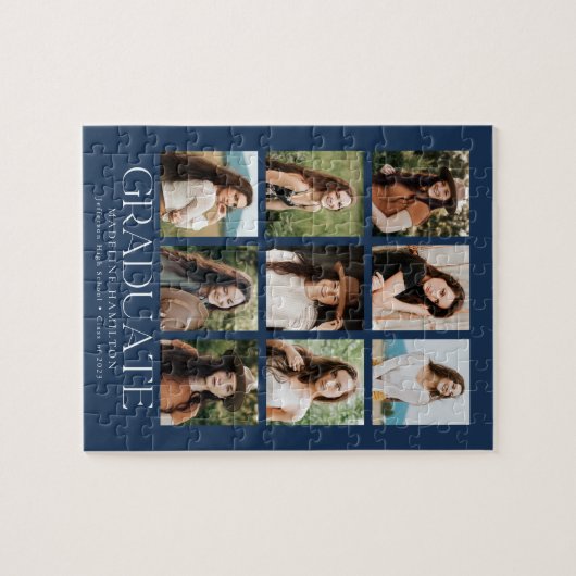 Navy Modern Grid 9 Foto Collage Abschluss Puzzle (Horizontal)
