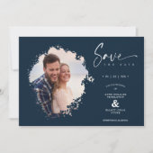 Navy Modern Grunge Ink Effect Photo Engaged Couple Save The Date (Vorderseite)