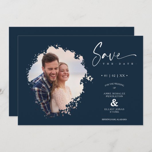 Navy Modern Grunge Ink Effect Photo Engaged Couple Save The Date (Vorne/Hinten)
