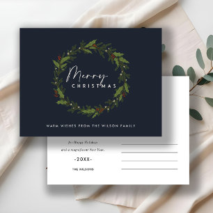 NAVY MODERN HOLLY BERRY WREATH MERRY CHRISTMAS FEIERTAGSPOSTKARTE