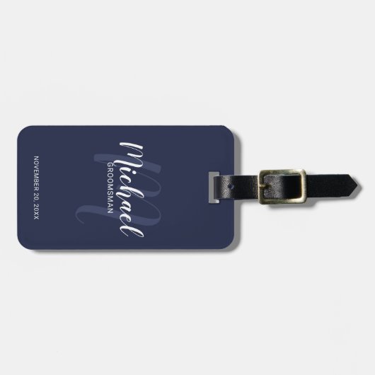 Navy Modern Script Personalisiert Trauzeugen Gepäckanhänger (Vorderseite horizontal)