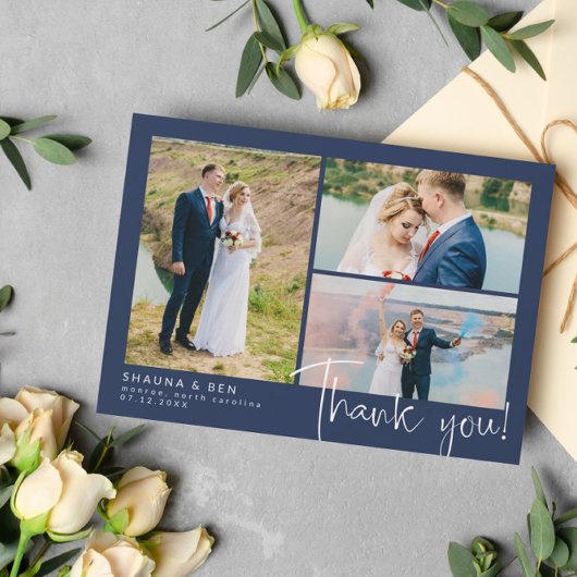 Navy Modern Wedding 3 Foto Collage Vielen Dank Dankeskarte