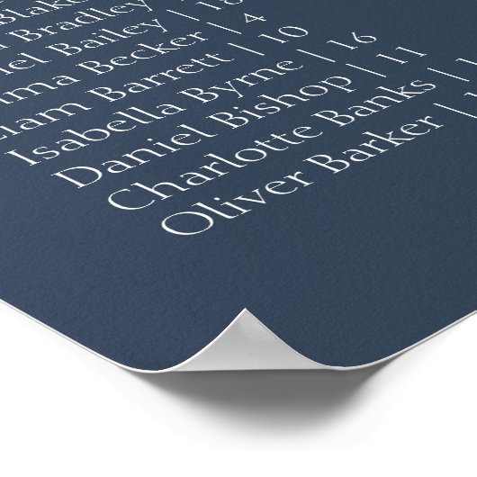 Navy Modern Wedding Alphabetical Seating Chart Poster (Ecke)