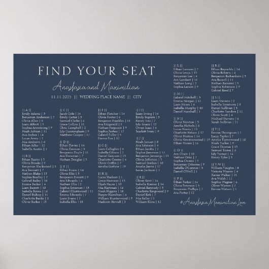 Navy Modern Wedding Alphabetical Seating Chart Poster (Vorne)