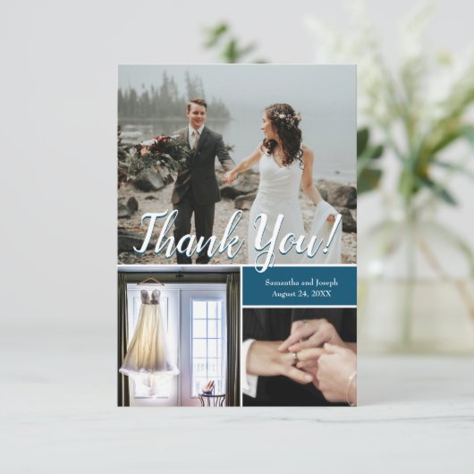 Navy Modern Wedding Script Foto Collage Danke (Stehend Vorderseite)