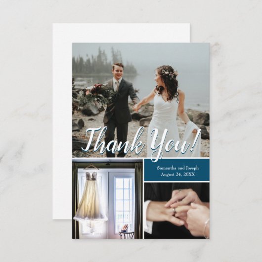 Navy Modern Wedding Script Foto Collage Danke (Vorne/Hinten)