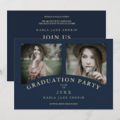 Navy Moderne Elegante Chic Graduation Party 2 Foto Einladung (Vorne/Hinten)