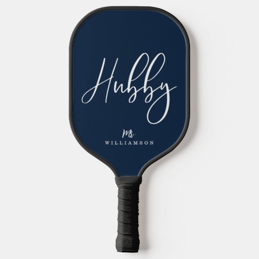 Navy Moderner Minimaler Hubby-Script-Personalisier Pickleball Schläger (Rückseite)