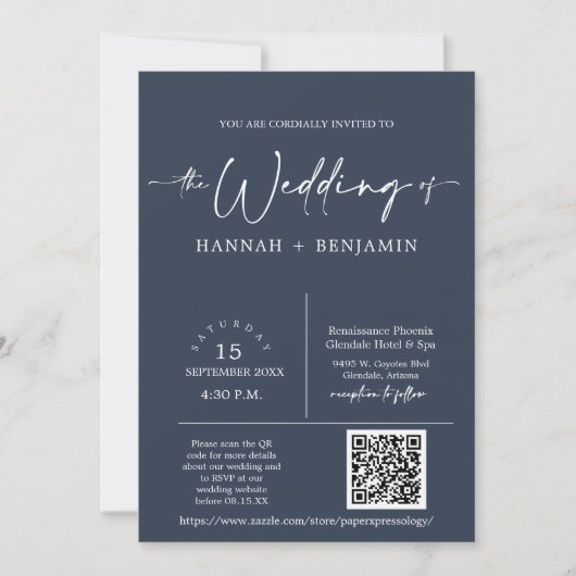 Navy Modernes Minimalistischer Hochzeitbogen QR Co Einladung (Vorderseite)