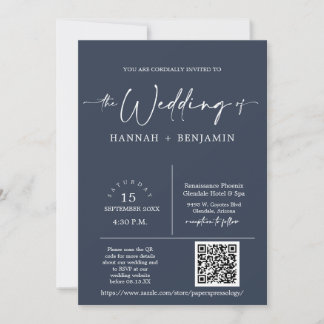 Navy Modernes Minimalistischer Hochzeitbogen QR Co Einladung