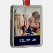 Navy Modernes Personalisiertes Foto und Sondertext Ornament Aus Metall (Rechts)