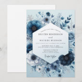 Navy Monochrome Hochzeitsblumen Einladung (Vorne/Hinten)