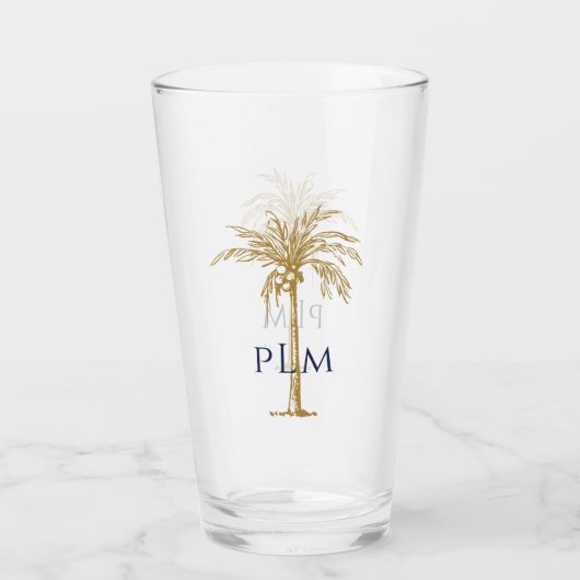 Navy Monogram auf Artistic Tropical Gold Palm Tree Glas (Rückseite)