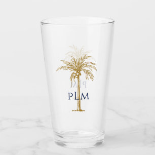 Navy Monogram auf Artistic Tropical Gold Palm Tree Glas