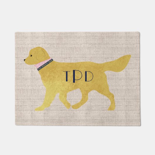 Navy Monogram Preppy Golden Retriever Tan Jute Fußmatte (Vorderseite)