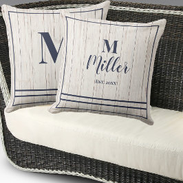 Navy Monogram Rustic Wood Family Beach House Kissen