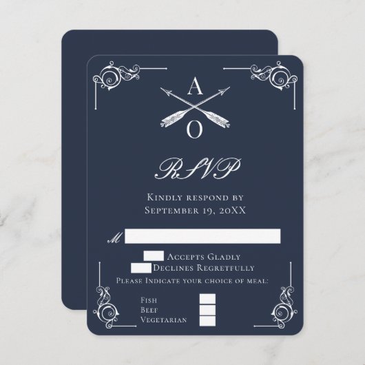 Navy Monogram und Arrows Wedding RSVP Card (Vorne/Hinten)