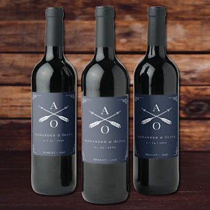 Navy Monogram und Arrows Wedding Wine Label Weinetikett