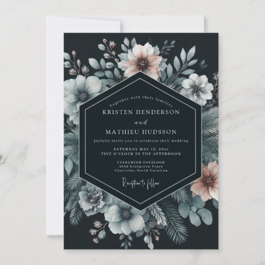 Navy Moody Bloom Hochzeit Einladung (Vorderseite)