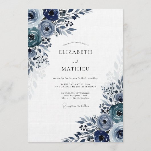 Navy Moody Bloom Hochzeit Einladung (Vorderseite)