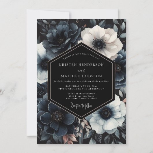 Navy Moody Bloom Wedding Einladung (Vorderseite)