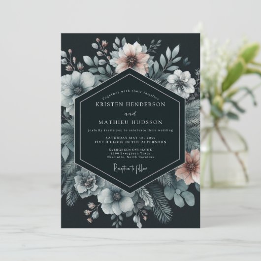 Navy Moody Bloom Wedding Einladung (Stehend Vorderseite)
