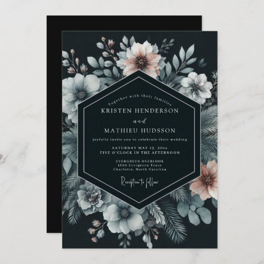 Navy Moody Bloom Wedding Einladung (Vorne/Hinten)