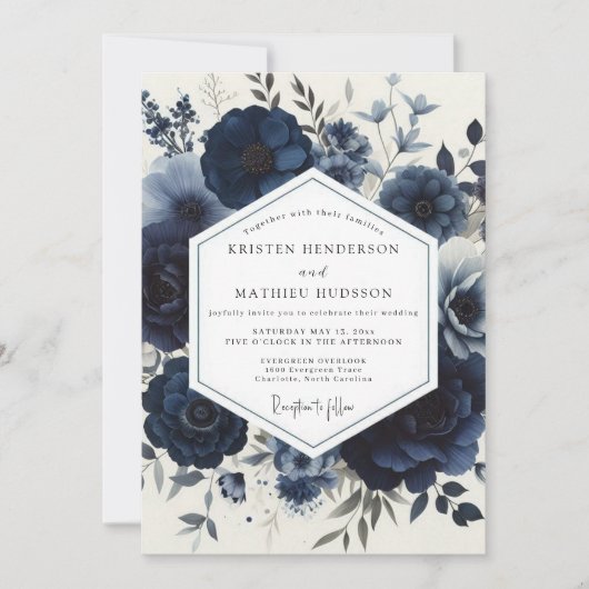 Navy Moody Floral Wedding Einladung (Vorderseite)
