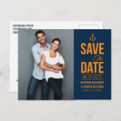 NAVY & MUSTARD NAUTICAL SAVE THE DATE POSTCARD ANKÜNDIGUNGSPOSTKARTE (Vorne/Hinten)