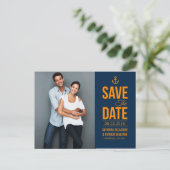 NAVY & MUSTARD NAUTICAL SAVE THE DATE POSTCARD ANKÜNDIGUNGSPOSTKARTE (Stehend Vorderseite)