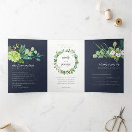 NAVY NACCULENT WREATH FOLIAGE WATERCOLOR WEDD DREIFACH GEFALTETE EINLADUNG