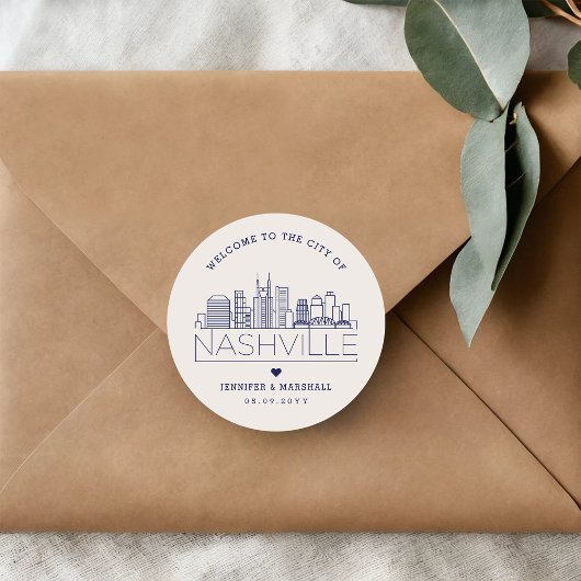 Navy Nashville Skyline | Hochzeitsempfang Runder Aufkleber