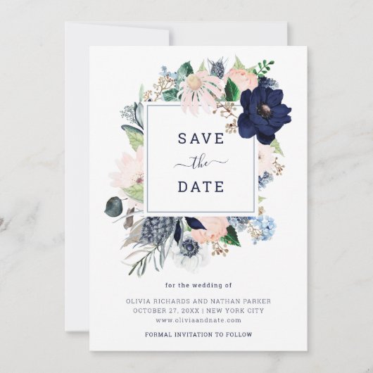 Navy Nautic Floral and Stripes | Save The Date (Vorderseite)