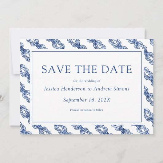 Navy Nautic Rope Flat Save the Date Card (Vorderseite)
