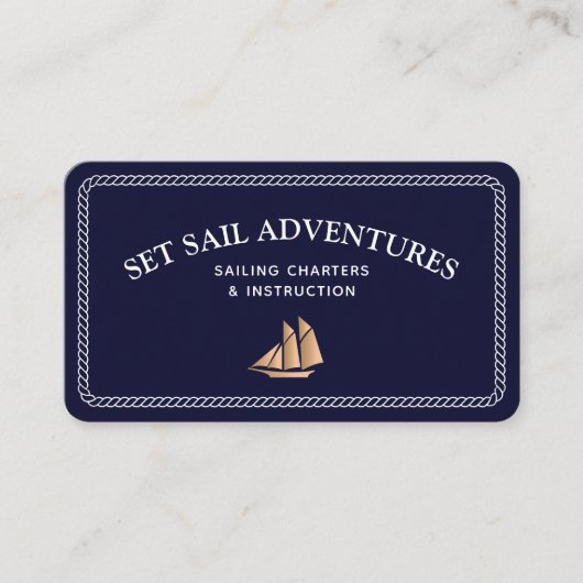 Navy Nautic Rope Gold Sailboat Visitenkarte (Vorderseite)