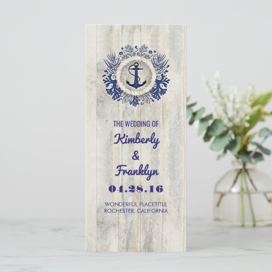 Navy Nautic Rustic Driftwood Beach Hochzeit Programm (Stehend Vorderseite)