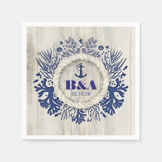 Navy Nautic Rustic Driftwood Beach Hochzeit Serviette (Vorderseite)