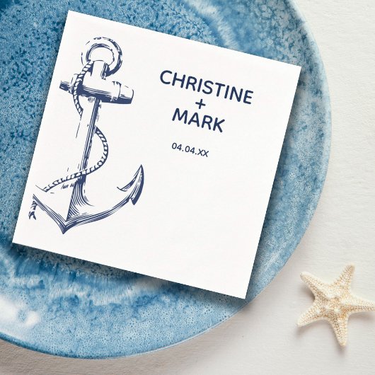 Navy Nautic Sketch Anchor Monogram | Hochzeit Serviette