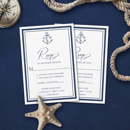 Navy Nautical Anchor Monogram Wedding RSVP Card Karte
